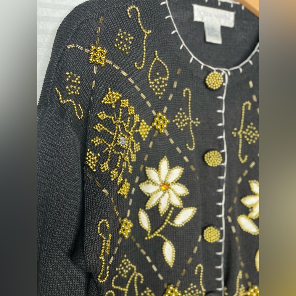 Vintage Victoria Harbour Cardigan Knit Beaded Sweater Black Gold Y2K L - Picture 5 of 13